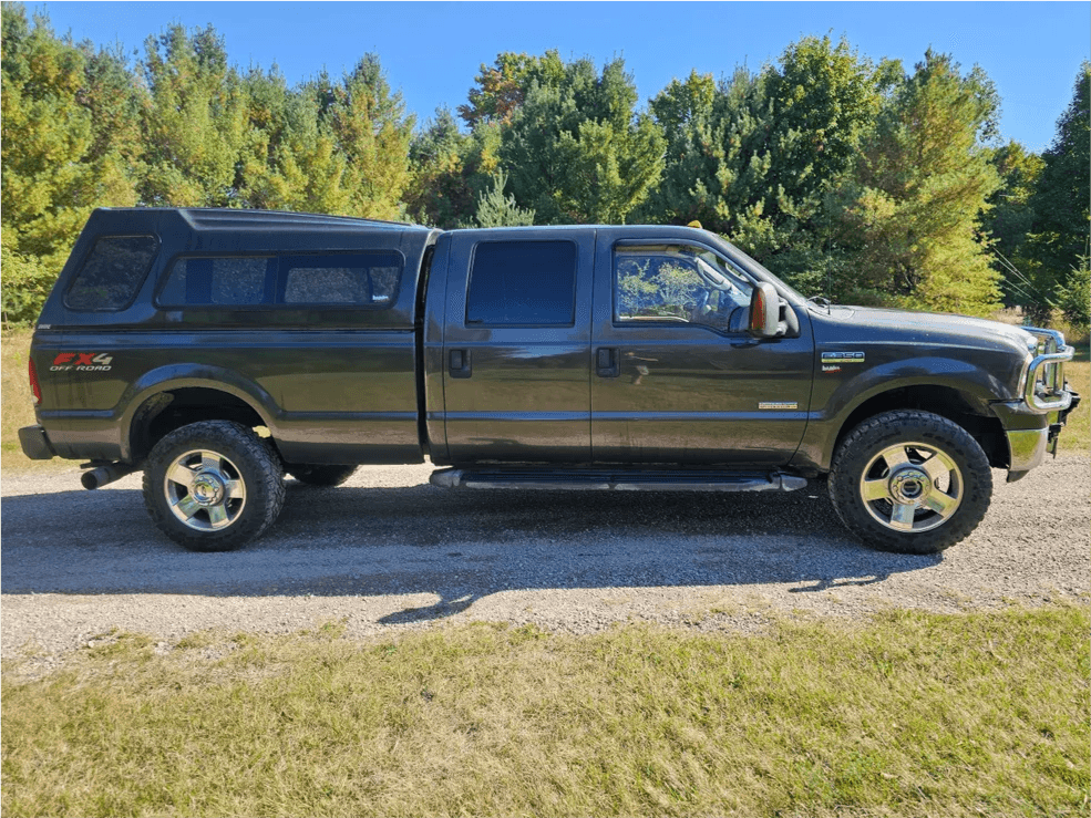 Black Ford Super Duty truck with camper shell