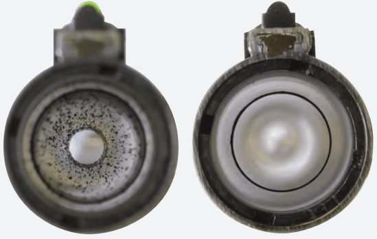 The picture on the left shows a shotgun barrel after firing 100 rounds. The picture on the right shows the same shotgun barrel after being cleaned with AMSOIL Firearm Cleaner. Firearm Cleaner effectively removed the powder residue, leaving a clean, smooth bore.