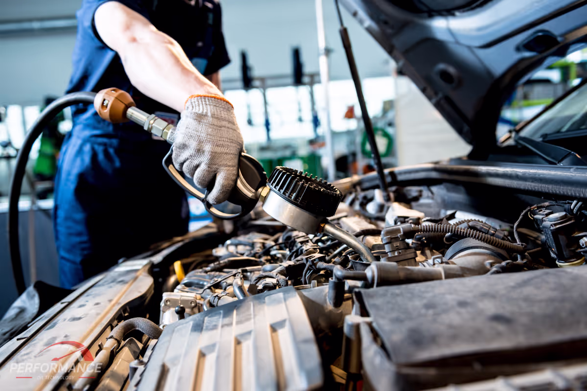 Mechanic pouring oil into a car engine during an oil change