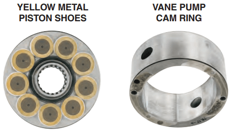 After 608 hours of strenuous pump testing in a Parker Hannifin (Denison) T6H20C Hybrid pump, the piston shoes demonstrated only moderate polishing and trace, random scratches, proving AMSOIL Synthetic Multi-Viscosity Hydraulic Oil excels at protecting yellow metals. The vane pump cam ring exhibited only light polishing and trace scratching, further confirming the excellent wear protection provided by the oil.