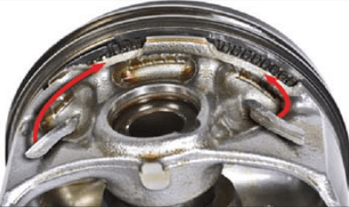Example of piston damage due to an LSPI event observed during the testing of a competitor's motor oil. The red arrows indicate sections of the ring land that broke away from the piston.