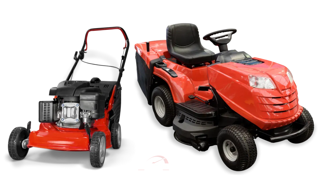 Red push lawn mower and riding lawn tractor on a white background
