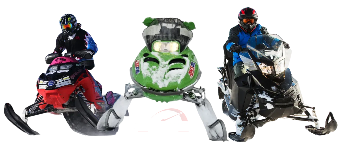 Three snowmobiles with riders including a racing sled and touring snowmobile